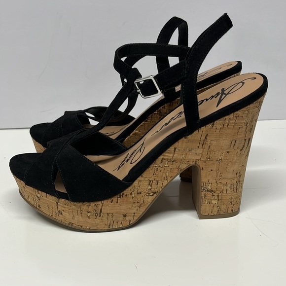 American Rag Cie Platform Sandal Size 9  Black Buckle Ankle Strap Cork 5” heel - Picture 2 of 10